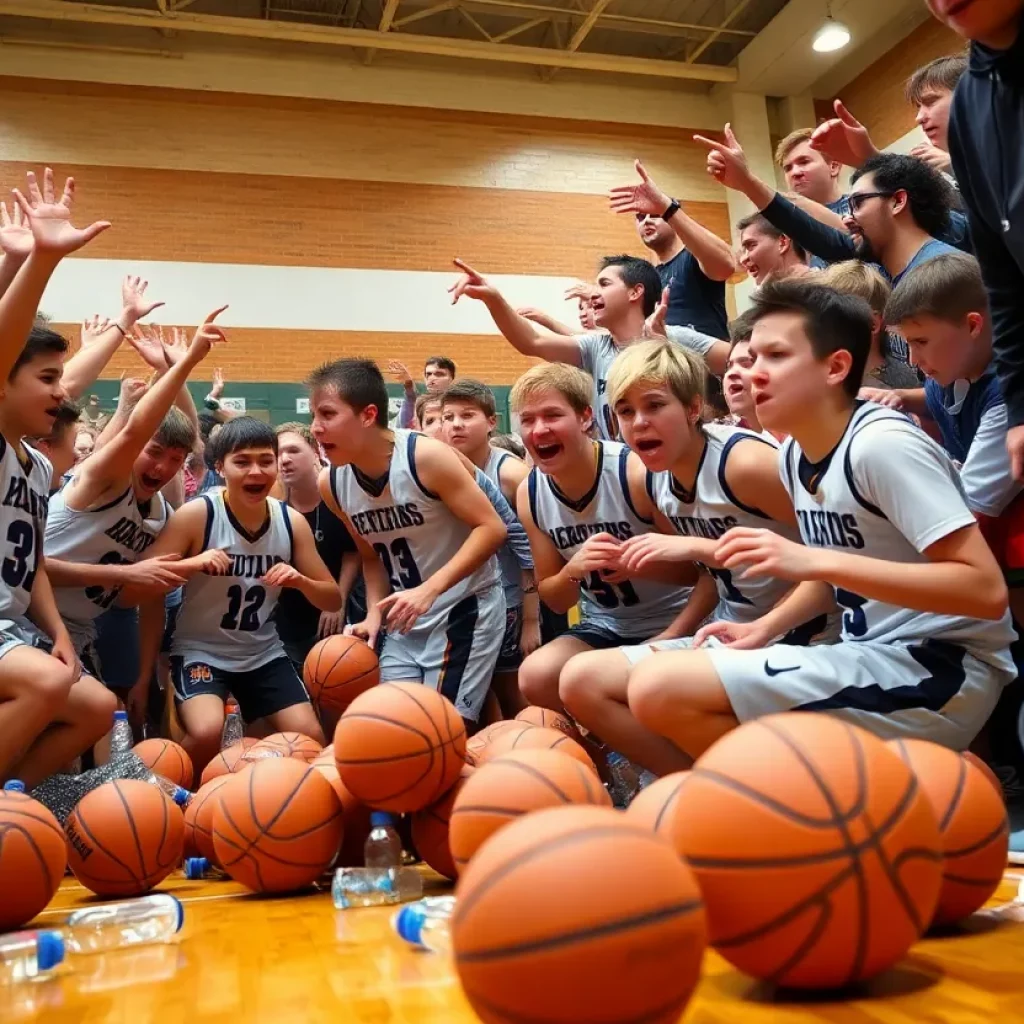 High school basketball game chaos with players and fans