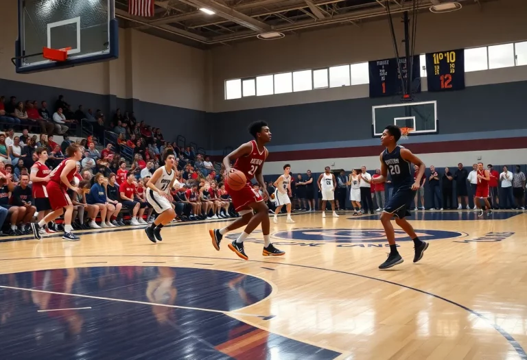 High school basketball players displaying teamwork during a tense game