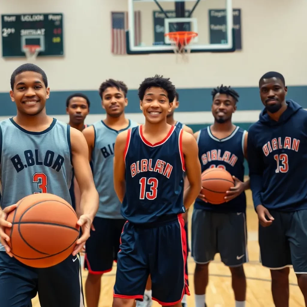 Diverse high school basketball team displaying unity and teamwork on the court.