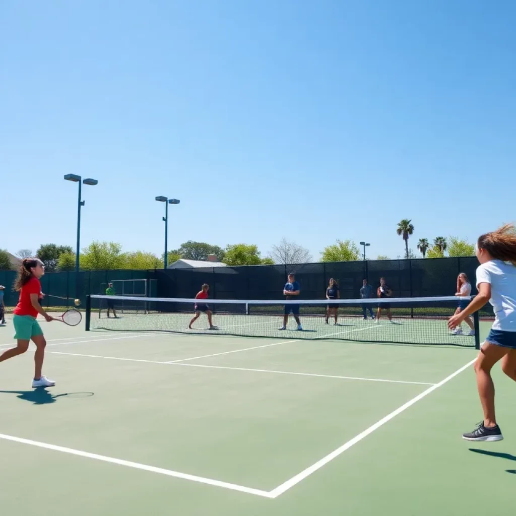 A boys tennis match taking place at a high school, with players engaged in a game.