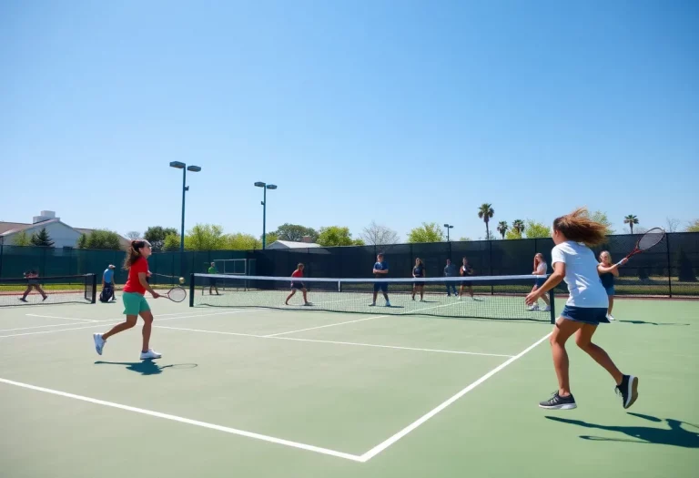 A boys tennis match taking place at a high school, with players engaged in a game.