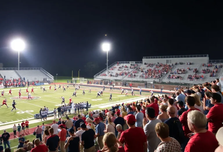 High school football game in Georgia with players in action and fans cheering