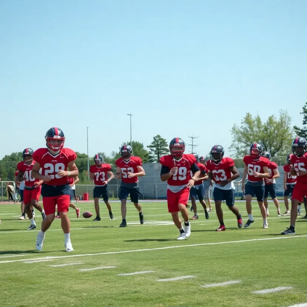High school football players practicing on the field