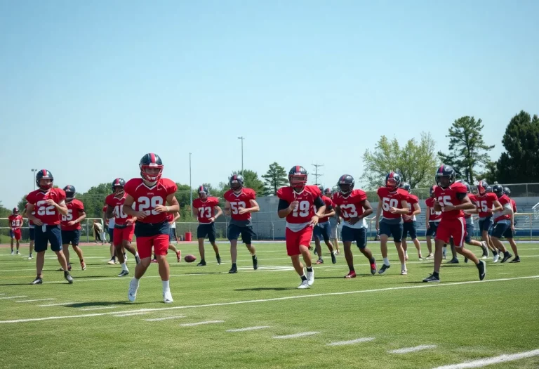 High school football players practicing on the field