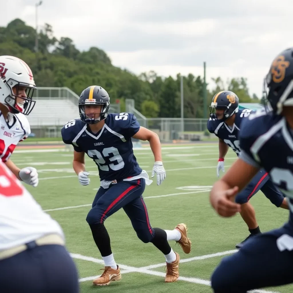 High school football players practicing on a field in Pennsylvania