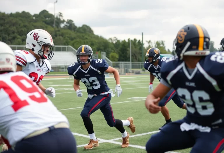 High school football players practicing on a field in Pennsylvania