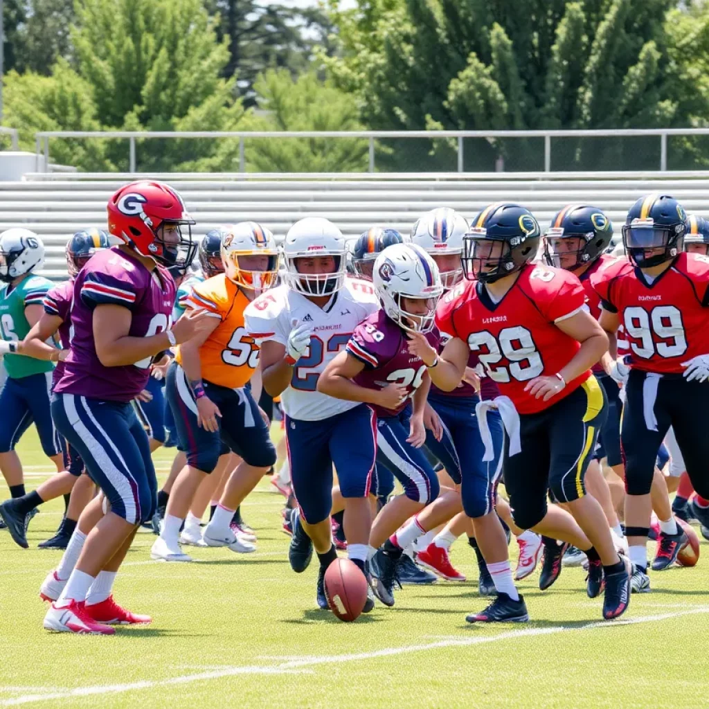 High school football teams practicing on a sunny field