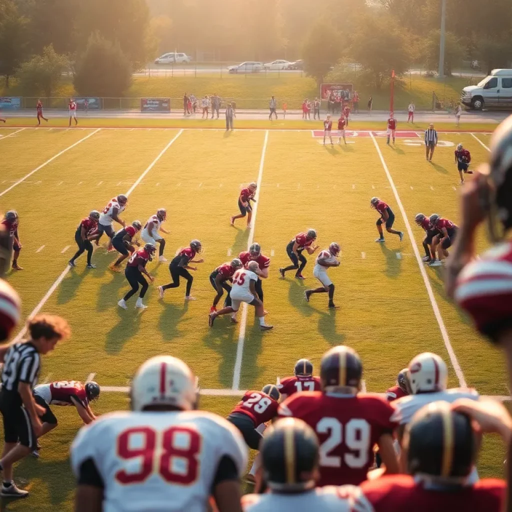 High school football teams on the field during a game