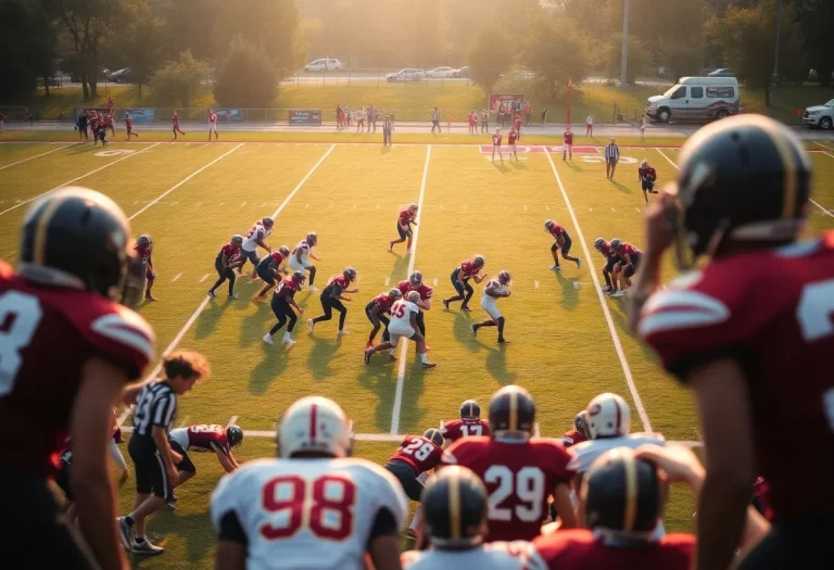High school football teams on the field during a game