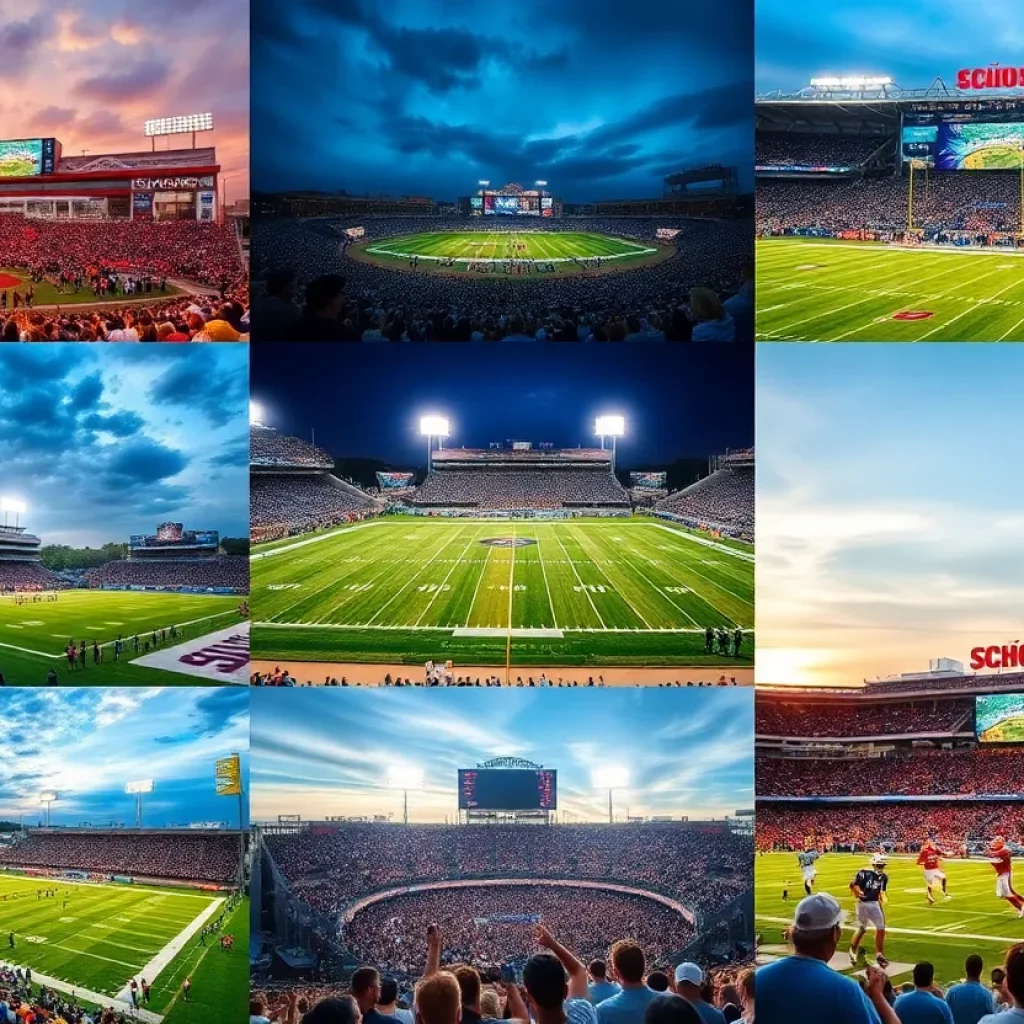 A collage of high school football stadiums filled with cheering fans.