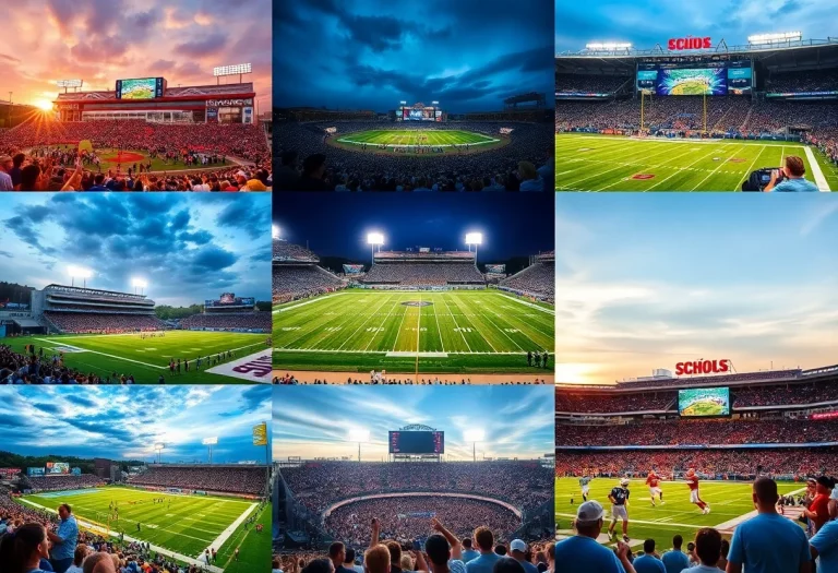 A collage of high school football stadiums filled with cheering fans.