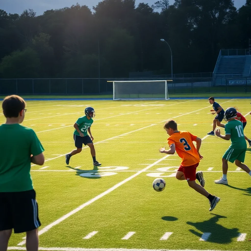 Diverse high school football players training on a field.