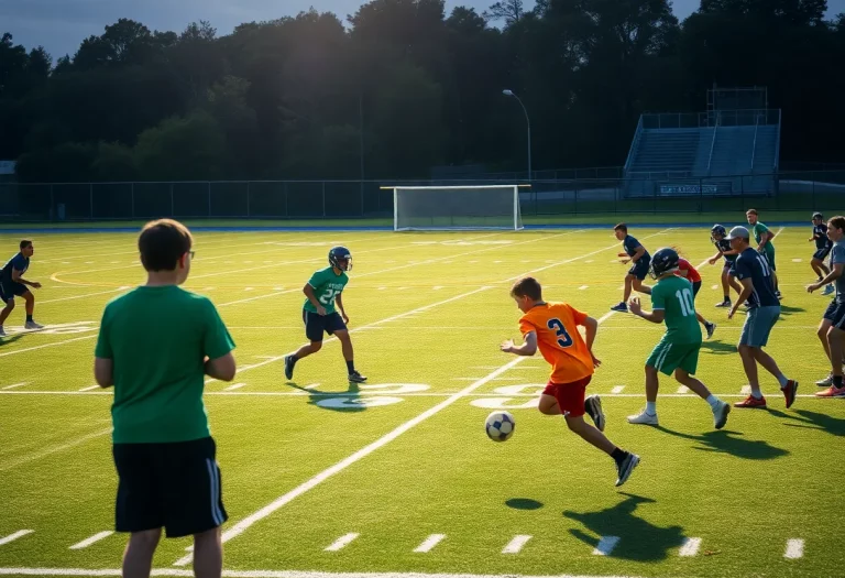Diverse high school football players training on a field.