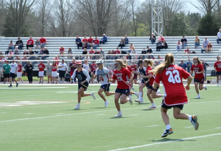 High school lacrosse players competing in a lively game.