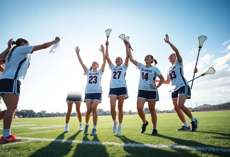 High school lacrosse players celebrating their achievements and recognition on the field.