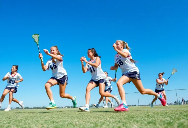 Players competing in a high school lacrosse game with a cheering crowd