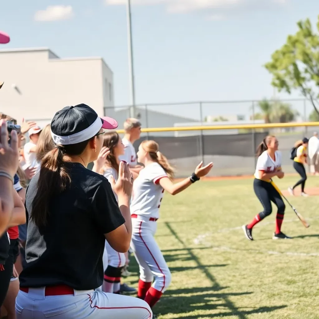 Players in action during a high school softball game in March 2025