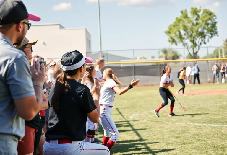 Players in action during a high school softball game in March 2025