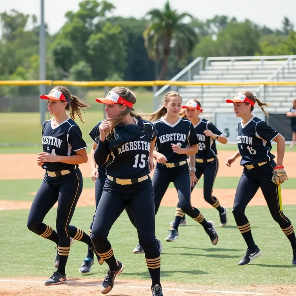 High school softball players participating in a game.