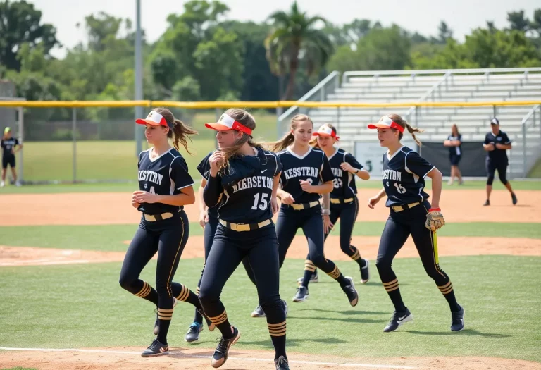 High school softball players participating in a game.
