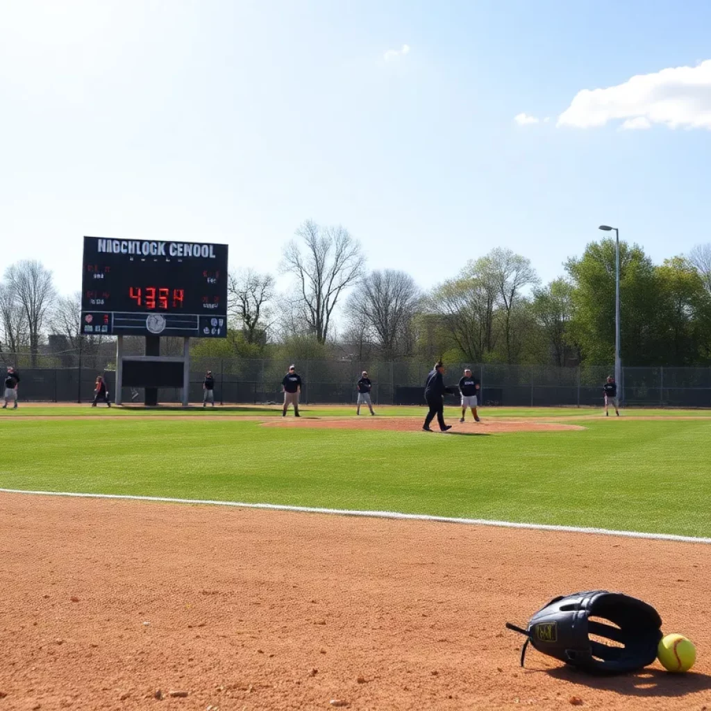 High school softball players practicing on the field