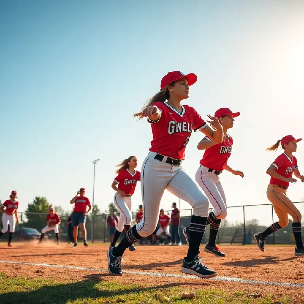 High school softball players in action during a game.