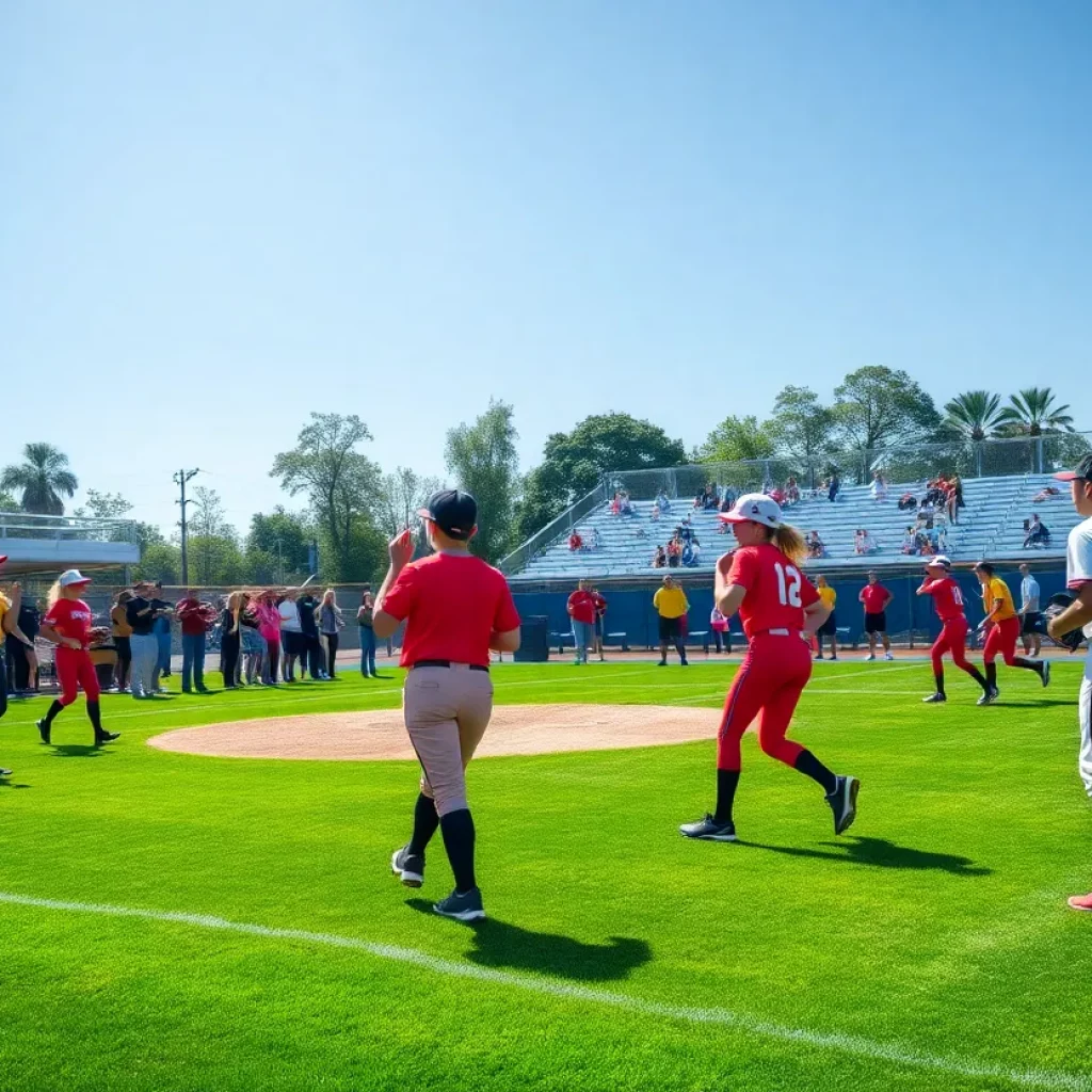 A high school softball game in action with players and fans
