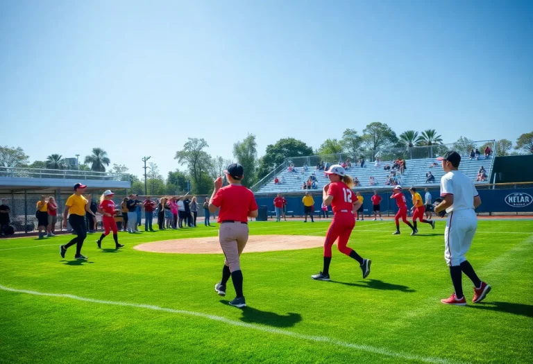 A high school softball game in action with players and fans