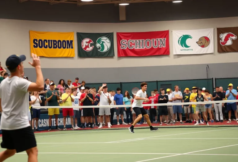 High school tennis players competing in a match