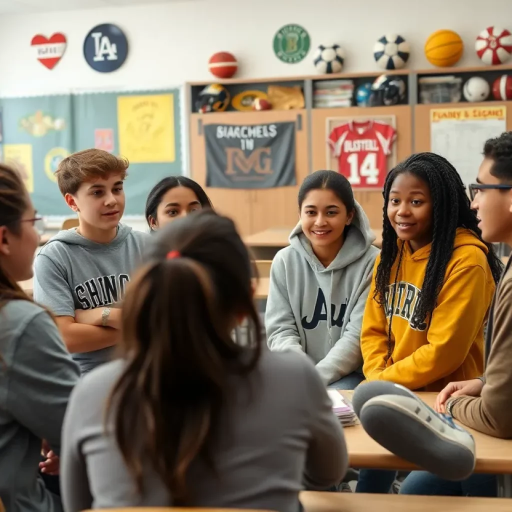 Students in a classroom discussing sports opinions and preferences