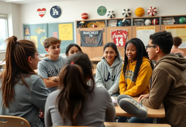 Students in a classroom discussing sports opinions and preferences