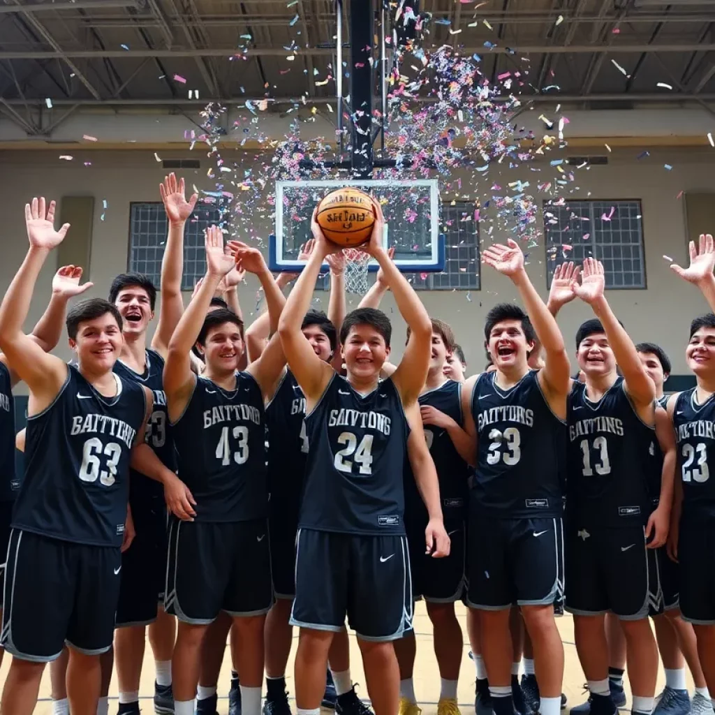 Highland School Hawks celebrate championship win on the court.