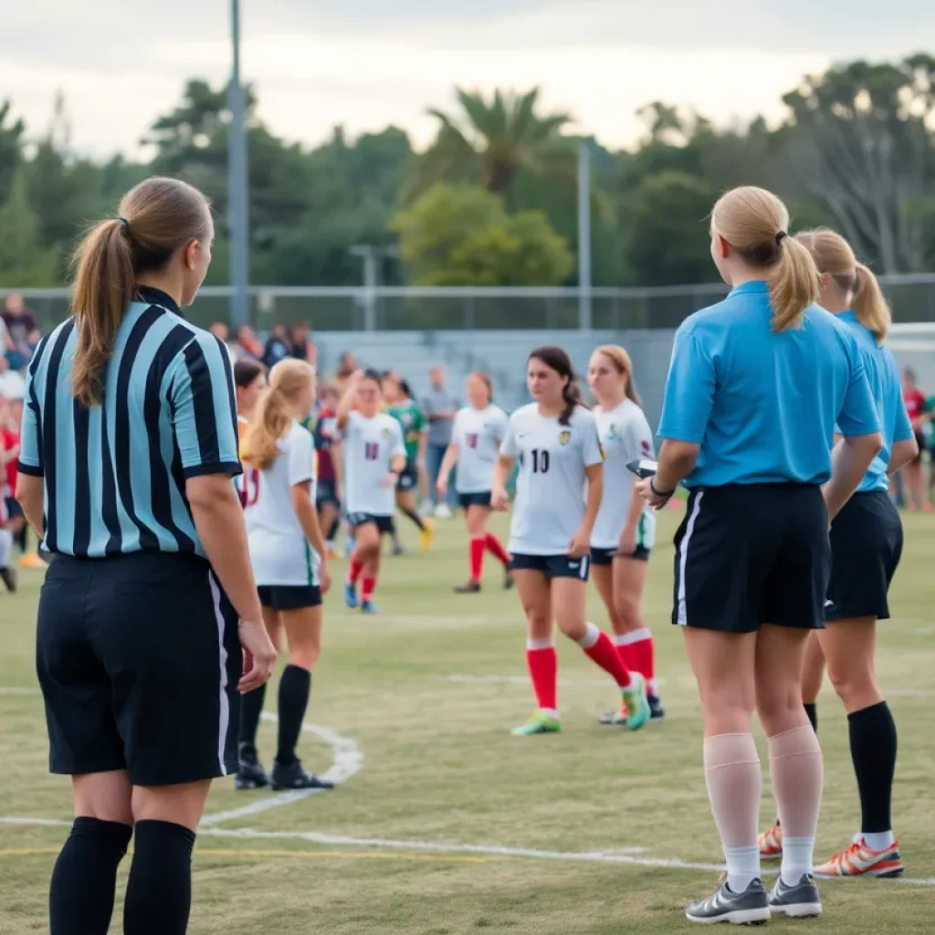 All-female officiating crew at a high school soccer game