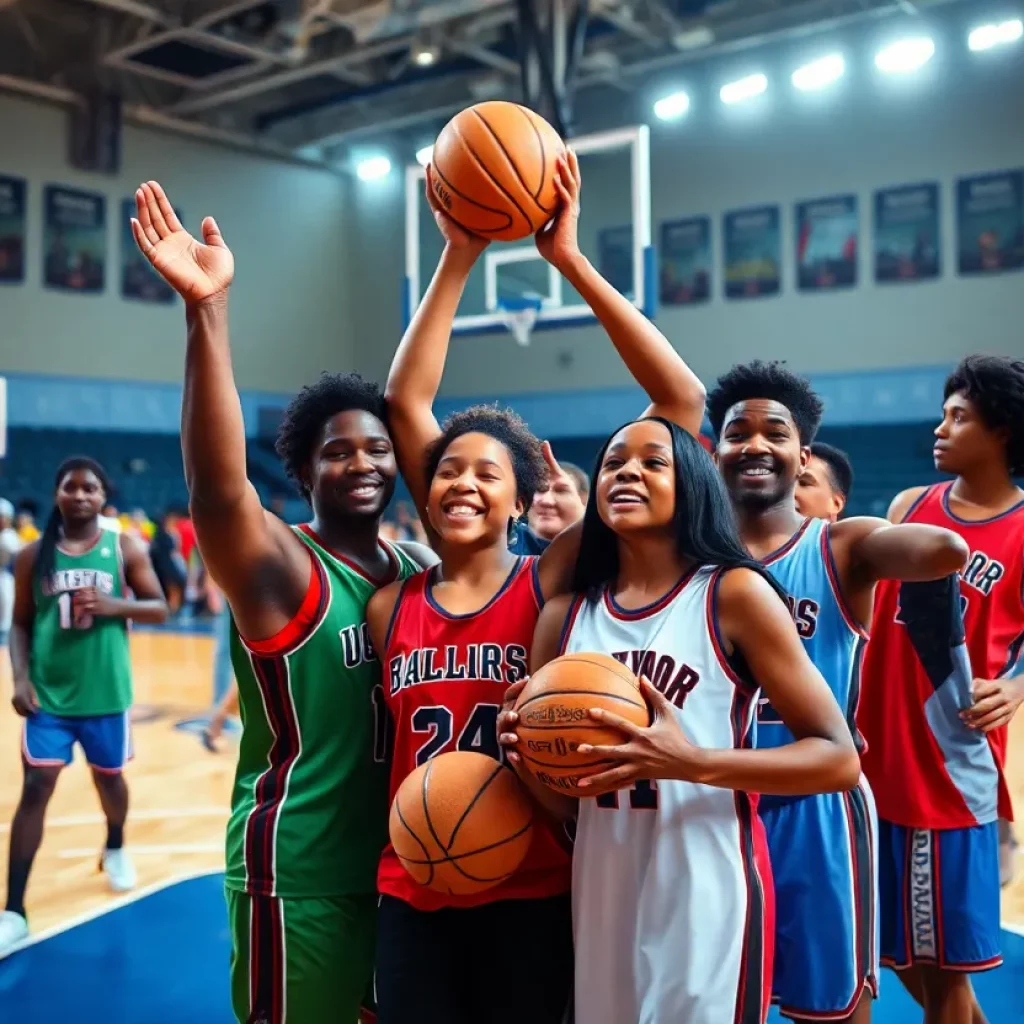 Celebration of a female athlete scoring in NCAA basketball.