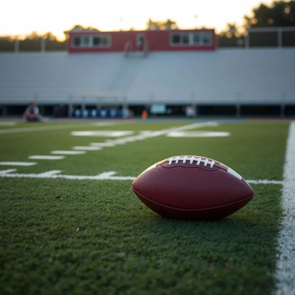 Empty Hoover High School football field at sunset