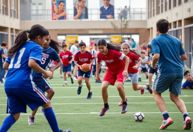 High school athletes engaged in sports amidst a school setting