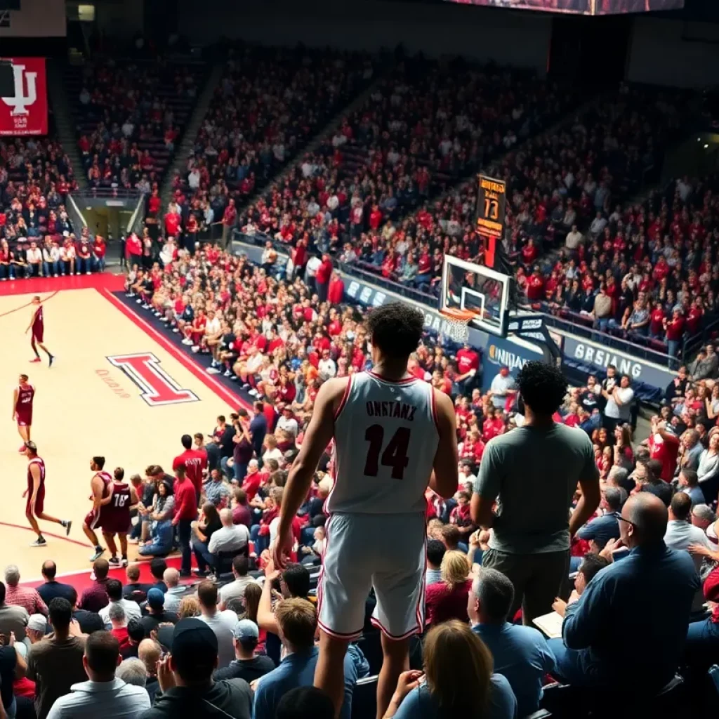 Players in action during a college basketball game with Indiana fans in the background.