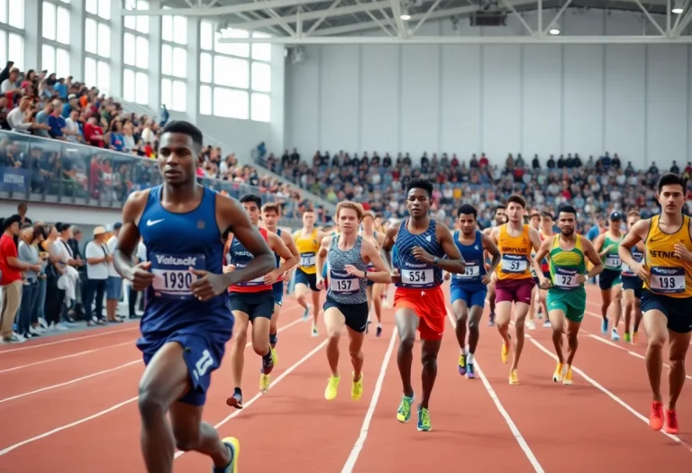 Athletes racing on an indoor track at a championships event