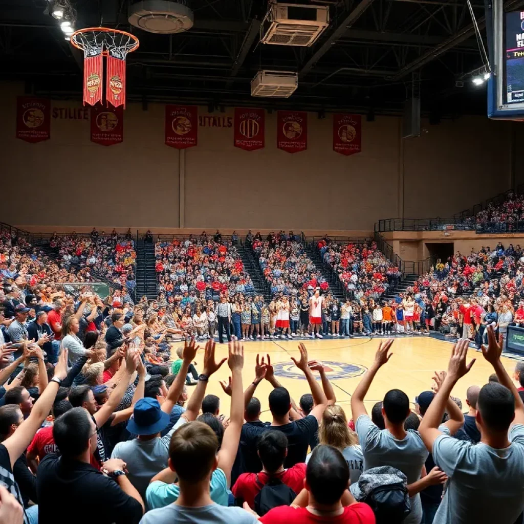 View of excited fans at the Iowa high school basketball tournament.