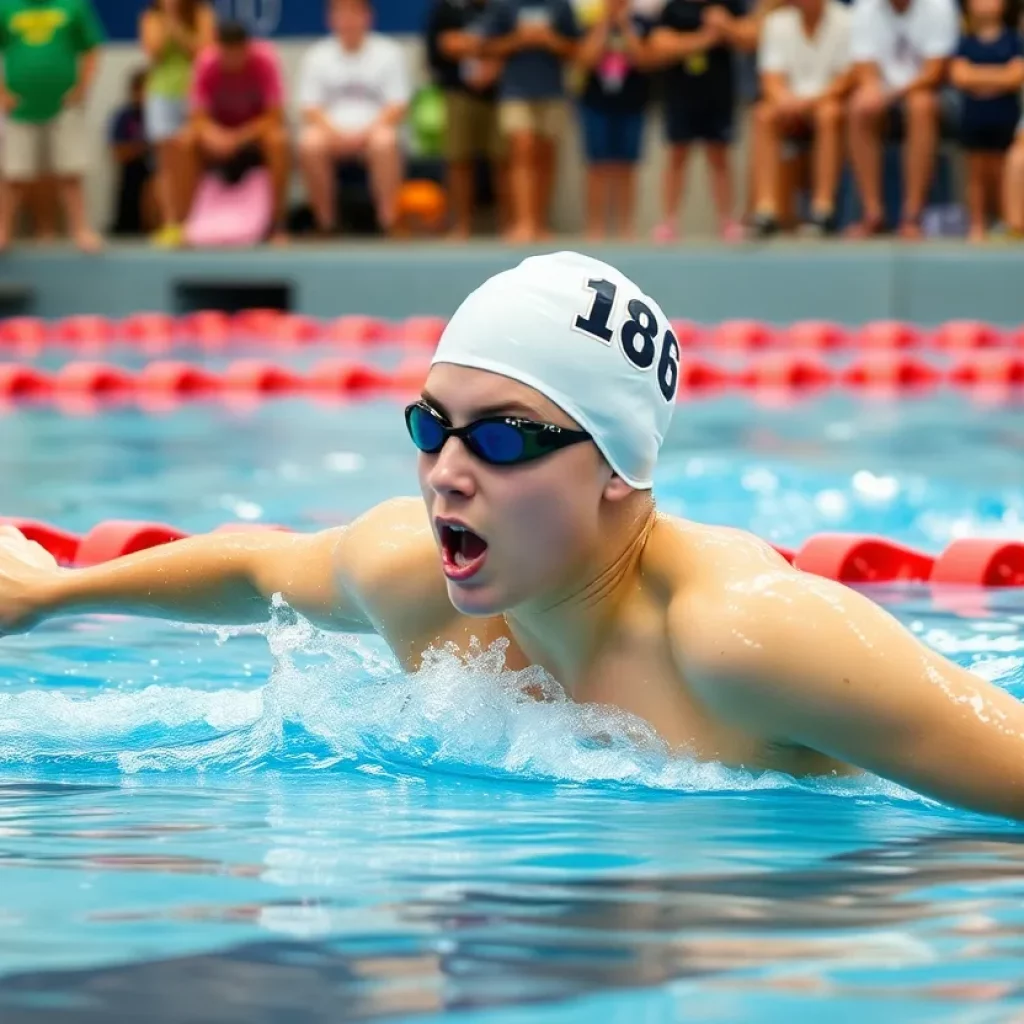 A high school swimmer competing in a breaststroke event, displaying intense focus and determination.