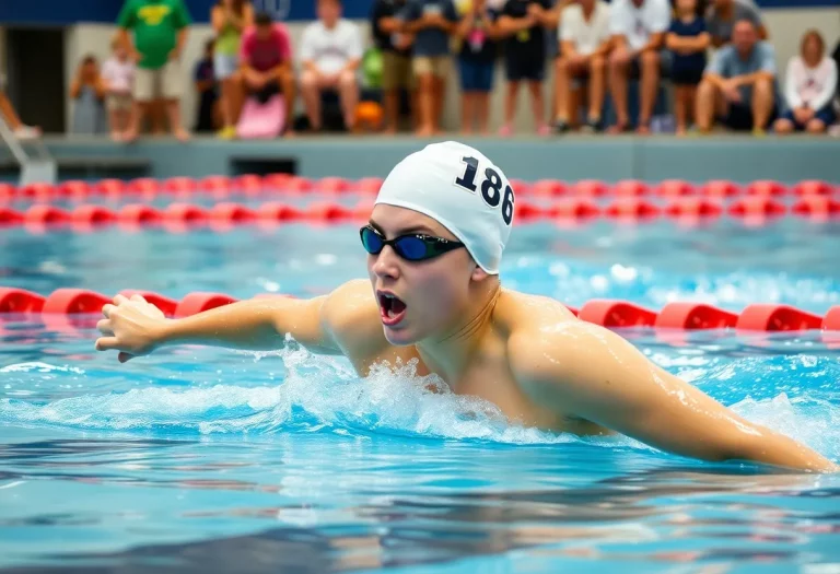 A high school swimmer competing in a breaststroke event, displaying intense focus and determination.