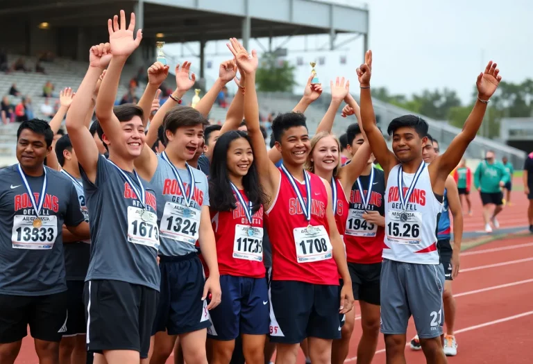 Celebration of Jefferson High School track teams with trophies