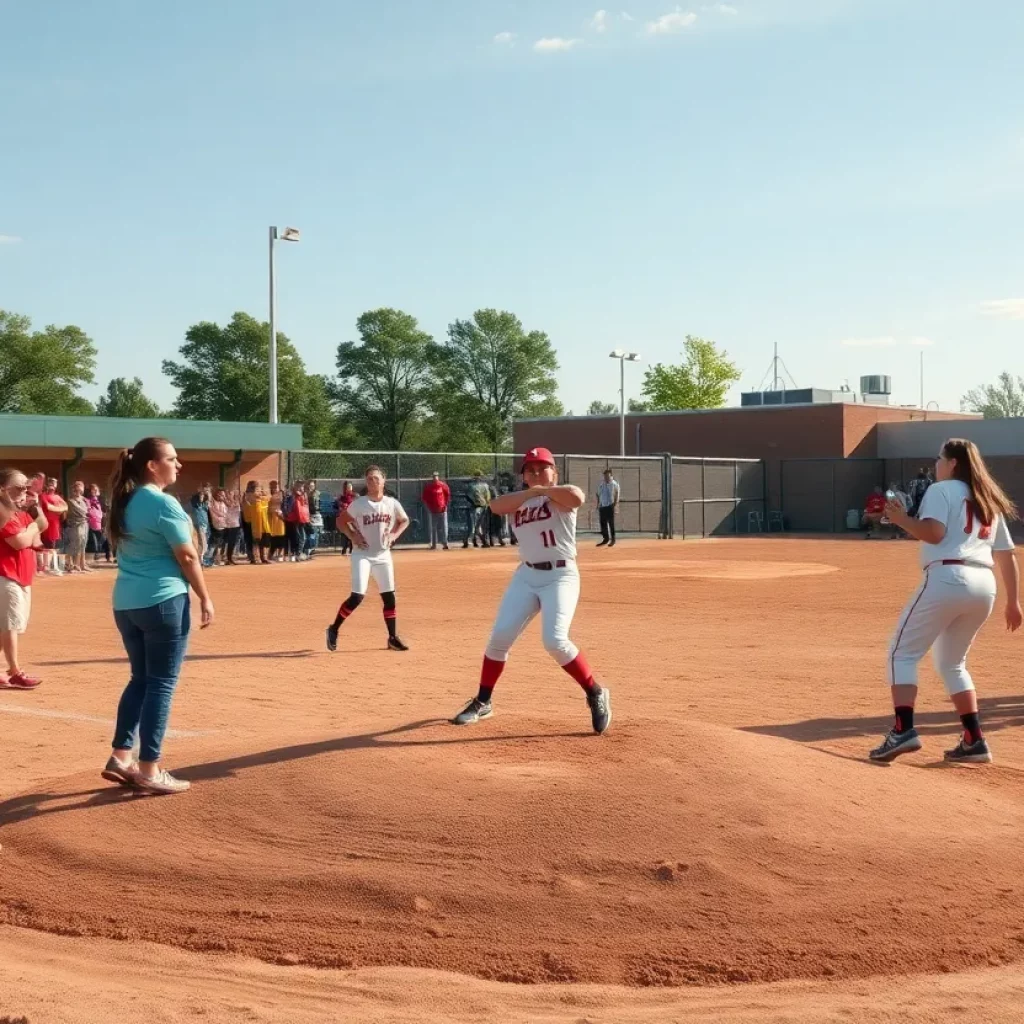 Softball players in action during a game at Kirkwood High School