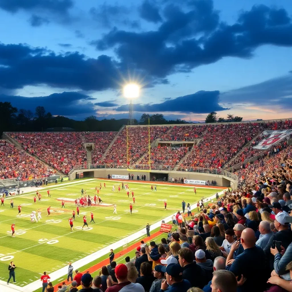 Crowd cheering for Lehi Pioneers football team under stadium lights