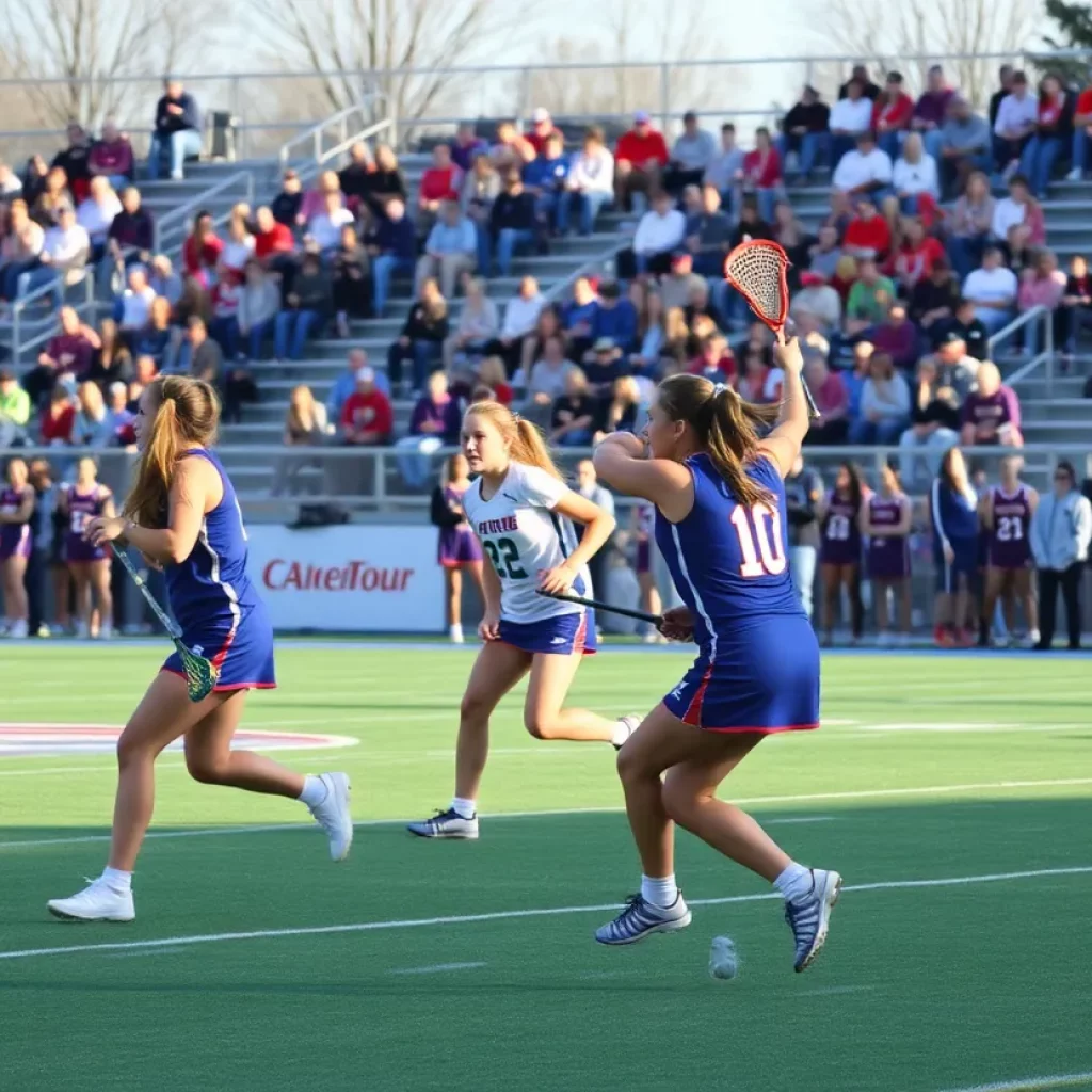 Girls lacrosse players in action during a high school match
