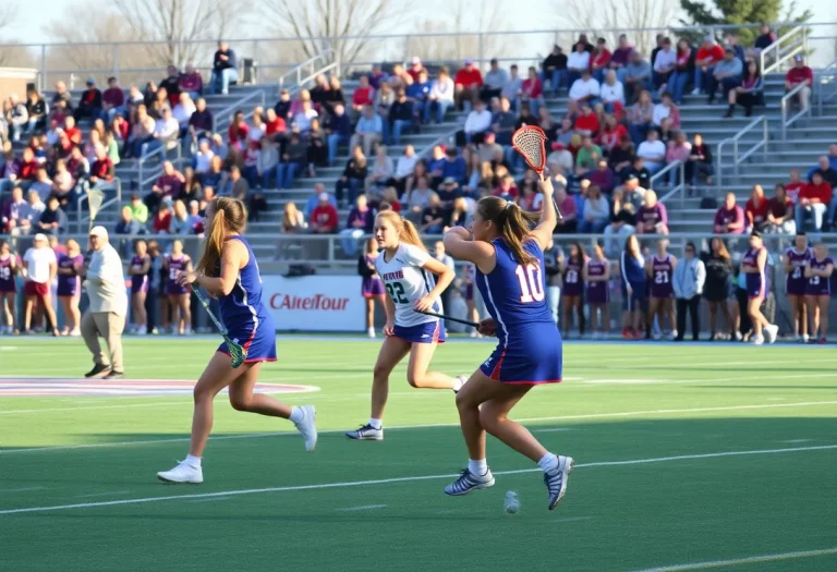 Girls lacrosse players in action during a high school match