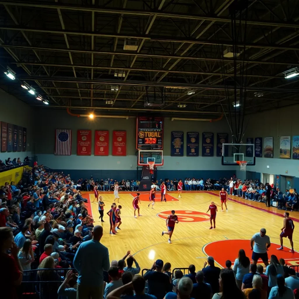 Students cheering for high school basketball teams during a tournament