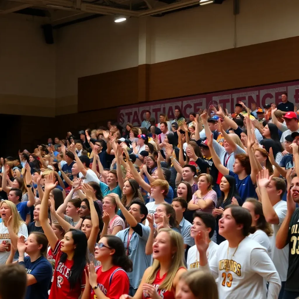 Crowd cheering at a high school basketball game in Louisville