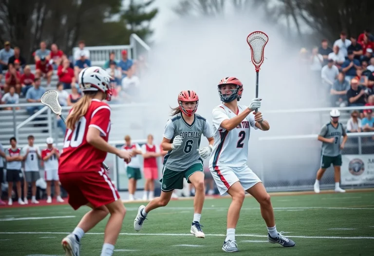 Malvern Prep lacrosse players in action during a match.