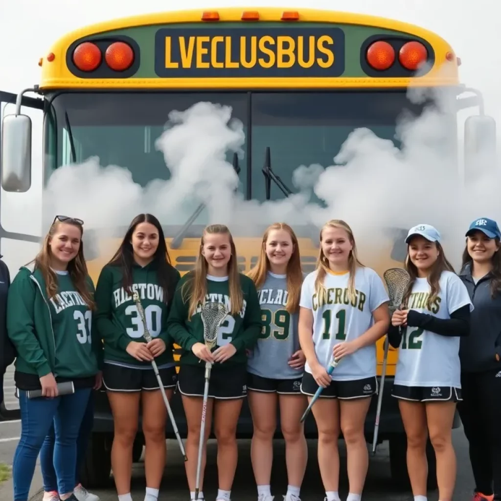 Medina High School girls lacrosse team and coaches outside charter bus after fire incident